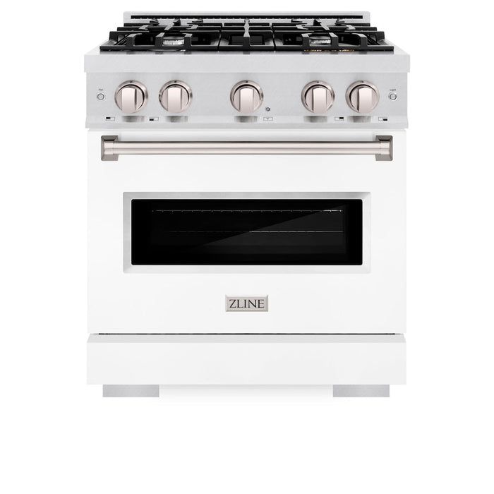 ZLINE 30 in. 4.2 cu. ft. Classic Gas Range with 4 Burner Cooktop and Convection Gas Oven in Satin Stainless Steel with White Matte Door (CGRS-WM-30)