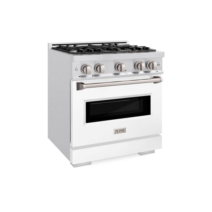 ZLINE 30 in. 4.2 cu. ft. Classic Gas Range with 4 Burner Cooktop and Convection Gas Oven in Satin Stainless Steel with White Matte Door (CGRS-WM-30)