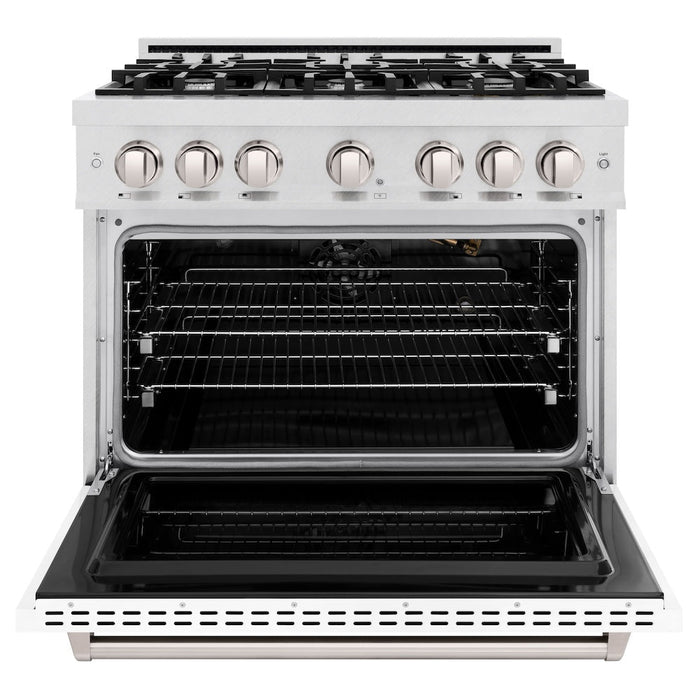 ZLINE 36 in. 5.2 cu. ft. Classic Gas Range with 6 Burner Cooktop and Convection Gas Oven in Satin Stainless Steel with White Matte Door (CGRS-WM-36)