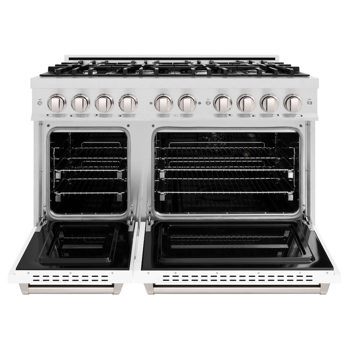ZLINE 48 in. 6.7 cu. ft. Classic Double Oven Gas Range with 8 Burner Cooktop in Satin Stainless Steel with White Matte Doors (CGRS-WM-48)