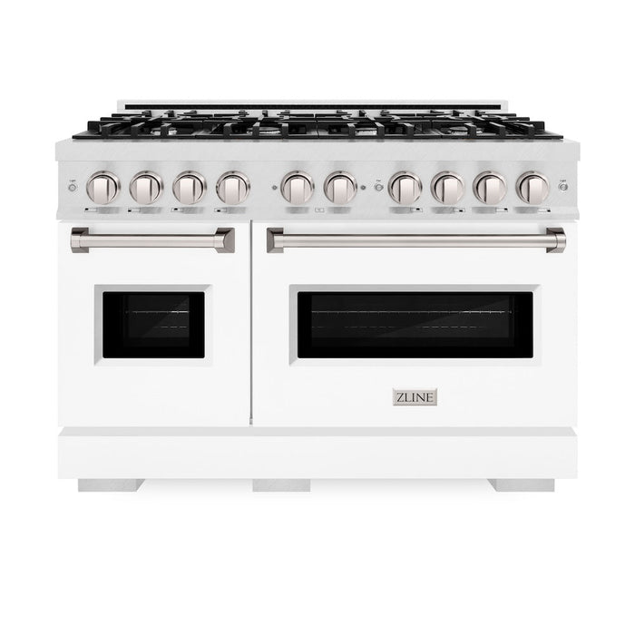 ZLINE 48 in. 6.7 cu. ft. Classic Double Oven Gas Range with 8 Burner Cooktop in Satin Stainless Steel with White Matte Doors (CGRS-WM-48)