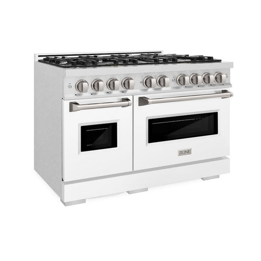 ZLINE 48 in. 6.7 cu. ft. Classic Double Oven Gas Range with 8 Burner Cooktop in Satin Stainless Steel with White Matte Doors (CGRS-WM-48)