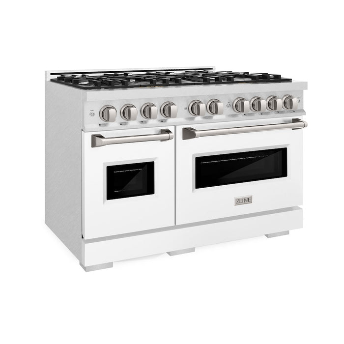 ZLINE 48 in. 6.7 cu. ft. Classic Double Oven Gas Range with 8 Burner Cooktop in Satin Stainless Steel with White Matte Doors (CGRS-WM-48)