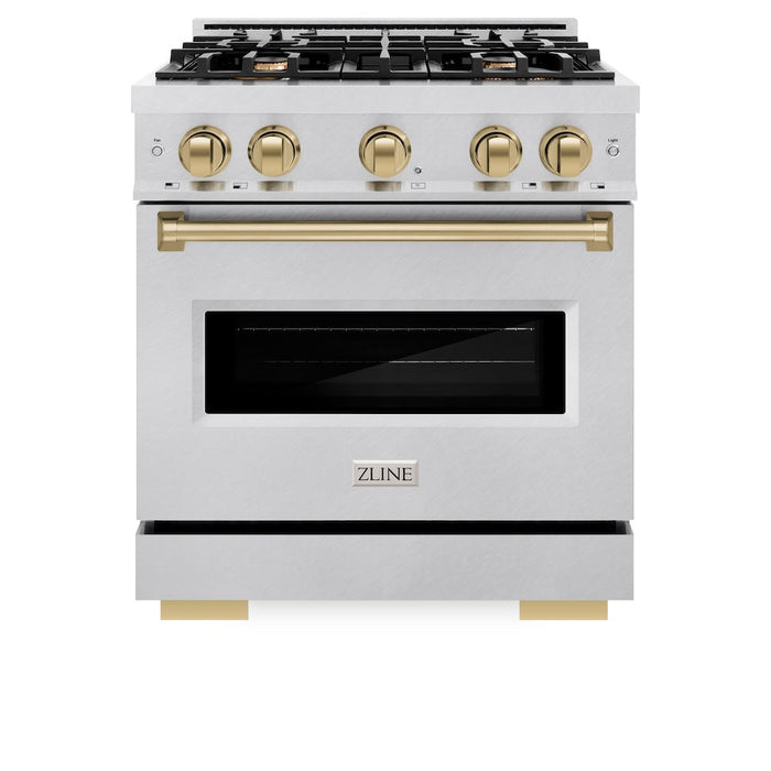 ZLINE Autograph Edition 30 in. 4.2 cu. ft. Classic Gas Range with 4 Burner Cooktop and Convection Gas Oven in Satin Stainless Steel and Champagne Bronze Accents (CGRSZ-30-CB)