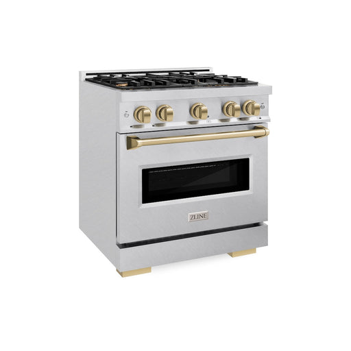 ZLINE Autograph Edition 30 in. 4.2 cu. ft. Classic Gas Range with 4 Burner Cooktop and Convection Gas Oven in Satin Stainless Steel and Champagne Bronze Accents (CGRSZ-30-CB)