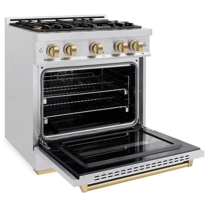 ZLINE Autograph Edition 30 in. 4.2 cu. ft. Classic Gas Range with 4 Burner Cooktop and Convection Gas Oven in Satin Stainless Steel and Champagne Bronze Accents (CGRSZ-30-CB)