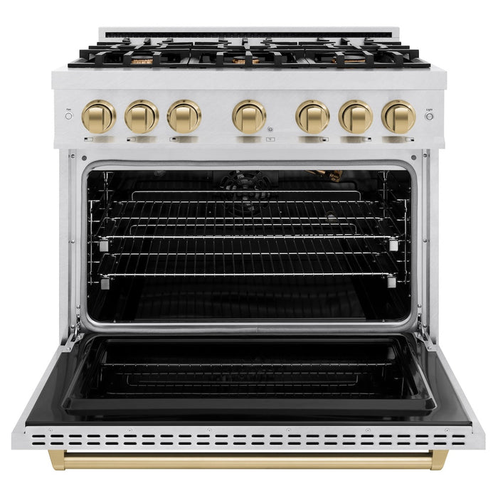 ZLINE Autograph Edition 36 in. 5.2 cu. ft. Classic Gas Range with 6 Burner Cooktop and Convection Gas Oven in Satin Stainless Steel and Champagne Bronze Accents (CGRSZ-36-CB)