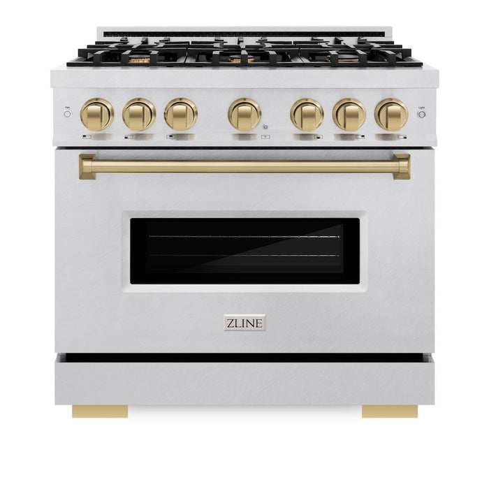 ZLINE Autograph Edition 36 in. 5.2 cu. ft. Classic Gas Range with 6 Burner Cooktop and Convection Gas Oven in Satin Stainless Steel and Champagne Bronze Accents (CGRSZ-36-CB)