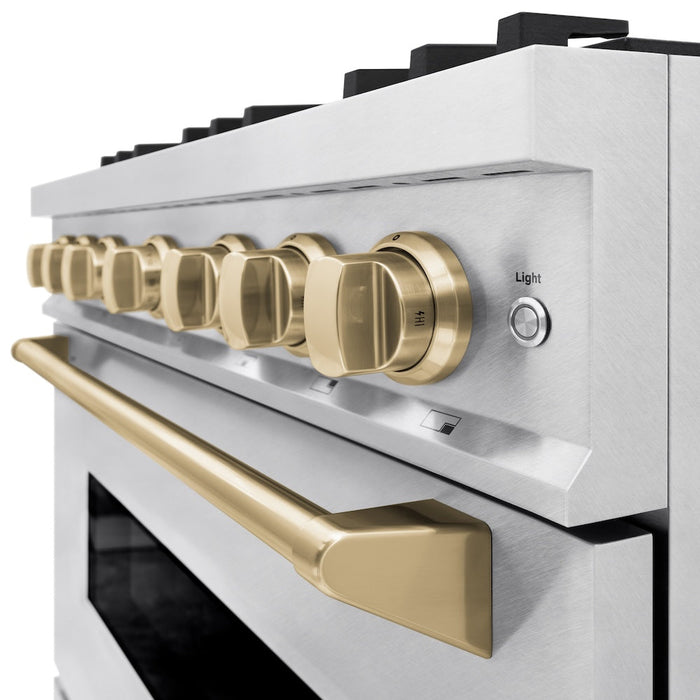 ZLINE Autograph Edition 36 in. 5.2 cu. ft. Classic Gas Range with 6 Burner Cooktop and Convection Gas Oven in Satin Stainless Steel and Champagne Bronze Accents (CGRSZ-36-CB)