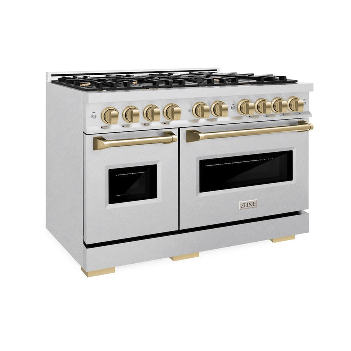 ZLINE Autograph Edition 48 in. 6.7 cu. ft. Classic Double Oven Gas Range with 8 Burner Cooktop in Satin Stainless Steel and Champagne Bronze Accents (CGRSZ-48-CB)