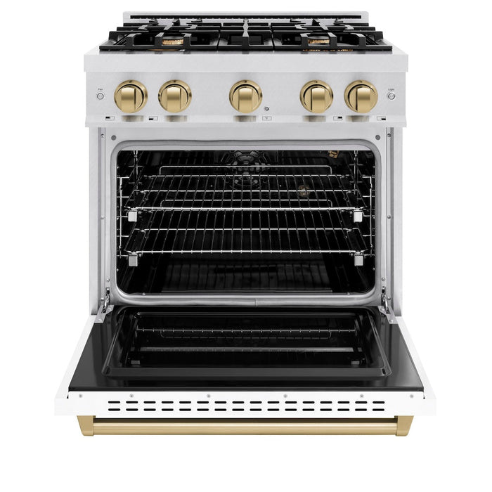 ZLINE Autograph Edition 30 in. 4.2 cu. ft. Classic Gas Range with 4 Burner Cooktop and Convection Gas Oven in Satin Stainless Steel with White Matte Door and Champagne Bronze Accents (CGRSZ-WM-30-CB)