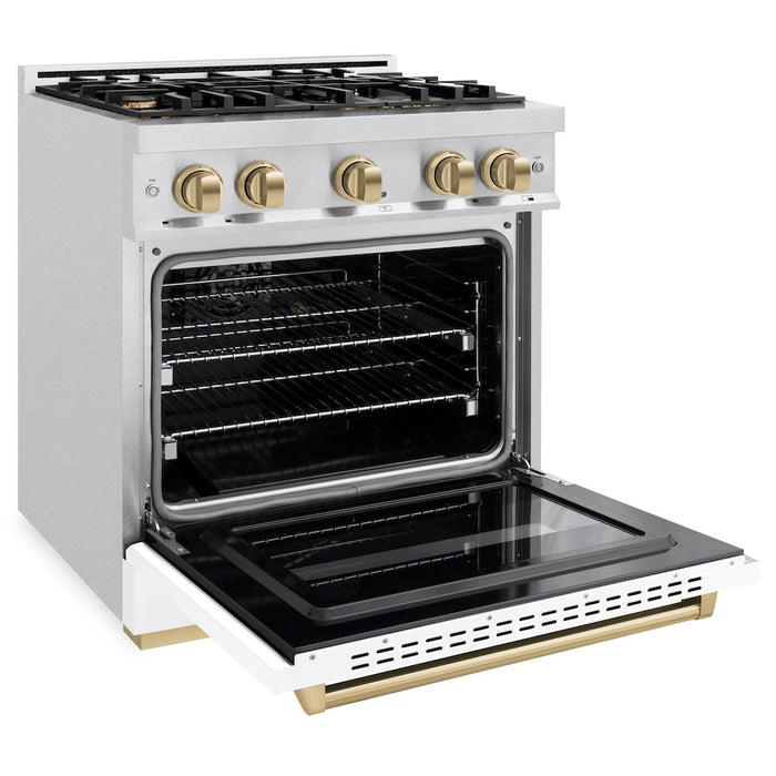 ZLINE Autograph Edition 30 in. 4.2 cu. ft. Classic Gas Range with 4 Burner Cooktop and Convection Gas Oven in Satin Stainless Steel with White Matte Door and Champagne Bronze Accents (CGRSZ-WM-30-CB)