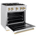 ZLINE Autograph Edition 30 in. 4.2 cu. ft. Classic Gas Range with 4 Burner Cooktop and Convection Gas Oven in Satin Stainless Steel with White Matte Door and Champagne Bronze Accents (CGRSZ-WM-30-CB)
