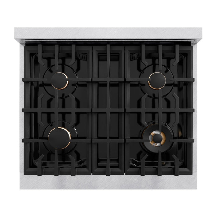ZLINE Autograph Edition 30 in. 4.2 cu. ft. Classic Gas Range with 4 Burner Cooktop and Convection Gas Oven in Satin Stainless Steel with White Matte Door and Champagne Bronze Accents (CGRSZ-WM-30-CB)
