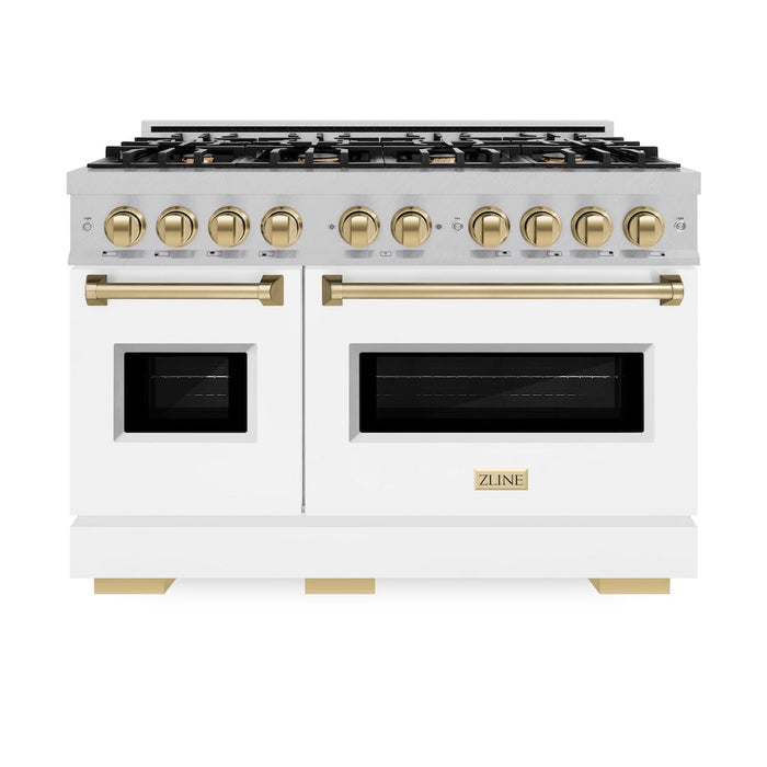 ZLINE Autograph Edition 48 in. 6.7 cu. ft. Classic Double Oven Gas Range with 8 Burner Cooktop in Satin Stainless Steel with White Matte Doors and Champagne Bronze Accents (CGRSZ-WM-48-CB)