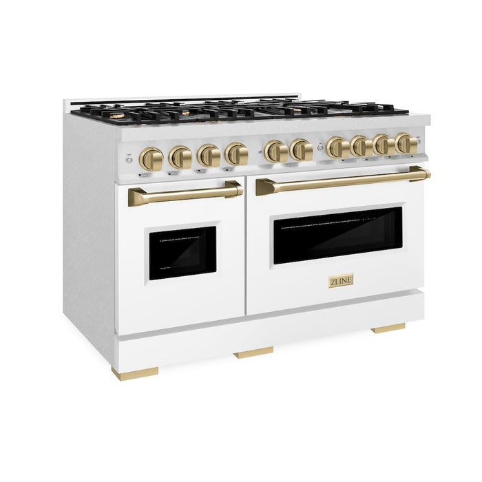 ZLINE Autograph Edition 48 in. 6.7 cu. ft. Classic Double Oven Gas Range with 8 Burner Cooktop in Satin Stainless Steel with White Matte Doors and Champagne Bronze Accents (CGRSZ-WM-48-CB)