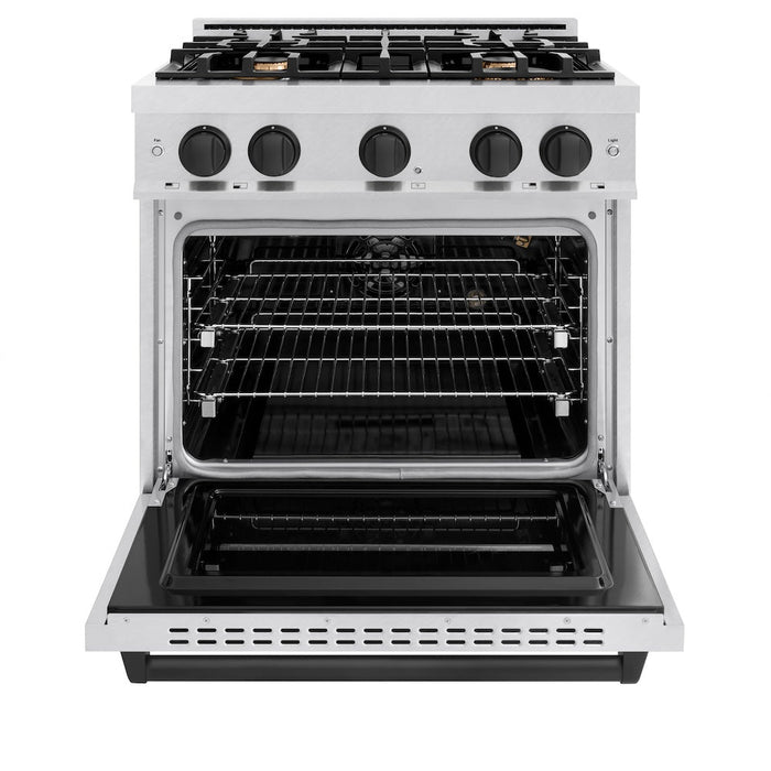 ZLINE Autograph Edition 30 in. 4.2 cu. ft. Classic Gas Range with 4 Burner Cooktop and Convection Gas Oven in Satin Stainless Steel and Matte Black Accents (CGRSZ-30-MB)