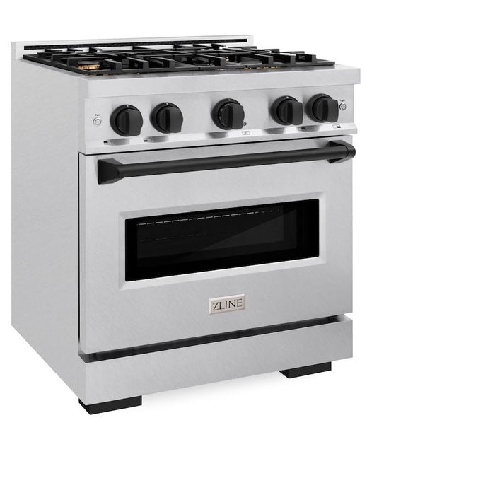 ZLINE Autograph Edition 30 in. 4.2 cu. ft. Classic Gas Range with 4 Burner Cooktop and Convection Gas Oven in Satin Stainless Steel and Matte Black Accents (CGRSZ-30-MB)