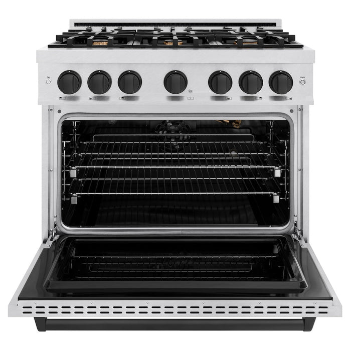 ZLINE Autograph Edition 36 in. 5.2 cu. ft. Classic Gas Range with 6 Burner Cooktop and Convection Gas Oven in Satin Stainless Steel and Matte Black Accents (CGRSZ-36-MB)