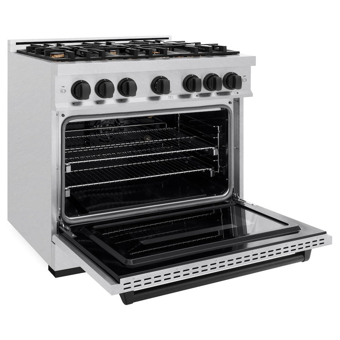 ZLINE Autograph Edition 36 in. 5.2 cu. ft. Classic Gas Range with 6 Burner Cooktop and Convection Gas Oven in Satin Stainless Steel and Matte Black Accents (CGRSZ-36-MB)