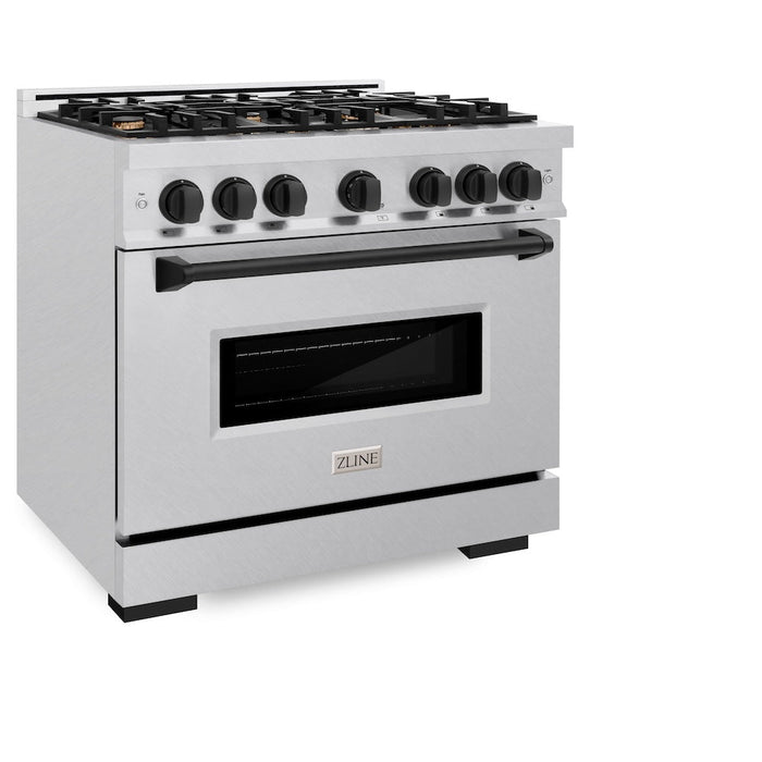 ZLINE Autograph Edition 36 in. 5.2 cu. ft. Classic Gas Range with 6 Burner Cooktop and Convection Gas Oven in Satin Stainless Steel and Matte Black Accents (CGRSZ-36-MB)