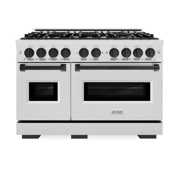ZLINE Autograph Edition 48 in. 6.7 cu. ft. Classic Double Oven Gas Range with 8 Burner Cooktop in Satin Stainless Steel and Matte Black Accents (CGRSZ-48-MB)