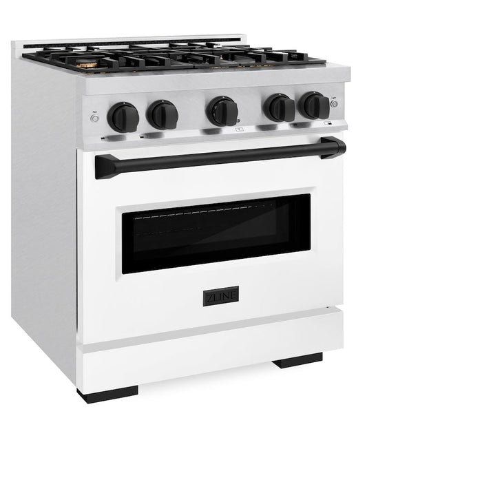 ZLINE Autograph Edition 30 in. 4.2 cu. ft. Classic Gas Range with 4 Burner Cooktop and Convection Gas Oven in Satin Stainless Steel with White Matte Door and Matte Black Accents (CGRSZ-WM-30-MB)