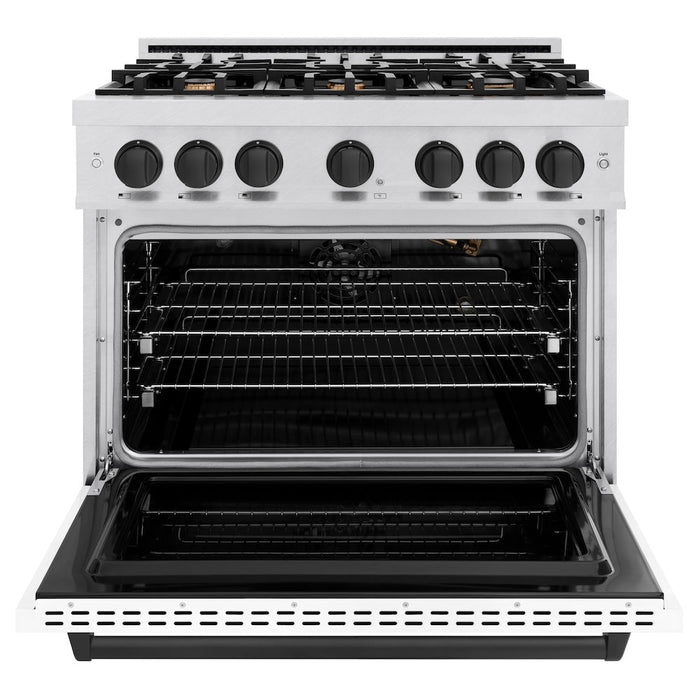 ZLINE Autograph Edition 36 in. 5.2 cu. ft. Classic Gas Range with 6 Burner Cooktop and Convection Gas Oven in Satin Stainless Steel with White Matte Door and Matte Black Accents (CGRSZ-WM-36-MB)