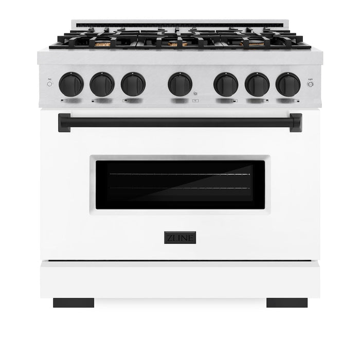 ZLINE Autograph Edition 36 in. 5.2 cu. ft. Classic Gas Range with 6 Burner Cooktop and Convection Gas Oven in Satin Stainless Steel with White Matte Door and Matte Black Accents (CGRSZ-WM-36-MB)