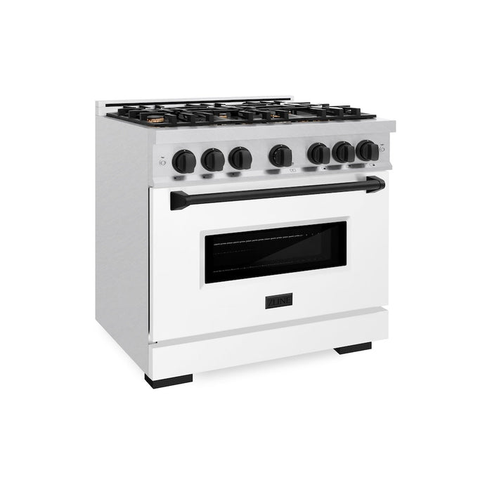ZLINE Autograph Edition 36 in. 5.2 cu. ft. Classic Gas Range with 6 Burner Cooktop and Convection Gas Oven in Satin Stainless Steel with White Matte Door and Matte Black Accents (CGRSZ-WM-36-MB)