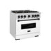 ZLINE Autograph Edition 36 in. 5.2 cu. ft. Classic Gas Range with 6 Burner Cooktop and Convection Gas Oven in Satin Stainless Steel with White Matte Door and Matte Black Accents (CGRSZ-WM-36-MB)