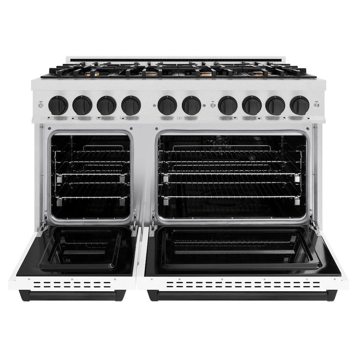 ZLINE Autograph Edition 48 in. 6.7 cu. ft. Classic Double Oven Gas Range with 8 Burner Cooktop in Satin Stainless Steel with White Matte Doors and Matte Black Accents (CGRSZ-WM-48-MB)