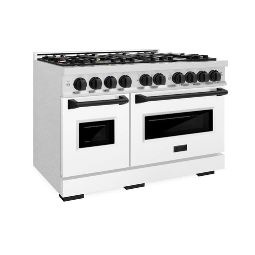 ZLINE Autograph Edition 48 in. 6.7 cu. ft. Classic Double Oven Gas Range with 8 Burner Cooktop in Satin Stainless Steel with White Matte Doors and Matte Black Accents (CGRSZ-WM-48-MB)