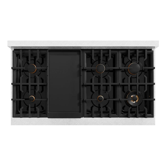 ZLINE Autograph Edition 48 in. 6.7 cu. ft. Classic Double Oven Gas Range with 8 Burner Cooktop in Satin Stainless Steel with White Matte Doors and Matte Black Accents (CGRSZ-WM-48-MB)