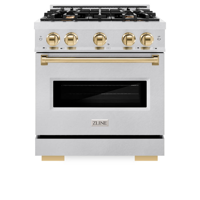 ZLINE Autograph Edition 30 in. 4.2 cu. ft. Classic Gas Range with 4 Burner Cooktop and Convection Gas Oven in Satin Stainless Steel and Polished Gold Accents (CGRSZ-30-G)