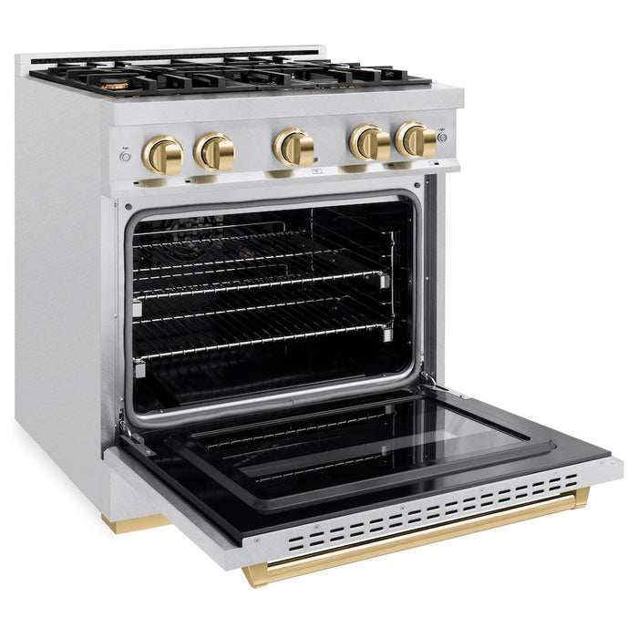 ZLINE Autograph Edition 30 in. 4.2 cu. ft. Classic Gas Range with 4 Burner Cooktop and Convection Gas Oven in Satin Stainless Steel and Polished Gold Accents (CGRSZ-30-G)
