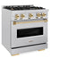 ZLINE Autograph Edition 30 in. 4.2 cu. ft. Classic Gas Range with 4 Burner Cooktop and Convection Gas Oven in Satin Stainless Steel and Polished Gold Accents (CGRSZ-30-G)