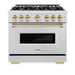 ZLINE Autograph Edition 36 in. 5.2 cu. ft. Classic Gas Range with 6 Burner Cooktop and Convection Gas Oven in Satin Stainless Steel and Polished Gold Accents (CGRSZ-36-G)