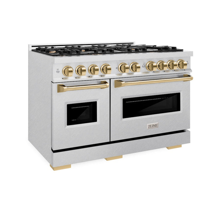 ZLINE Autograph Edition 48 in. 6.7 cu. ft. Classic Double Oven Gas Range with 8 Burner Cooktop in Satin Stainless Steel and Polished Gold Accents (CGRSZ-48-G)