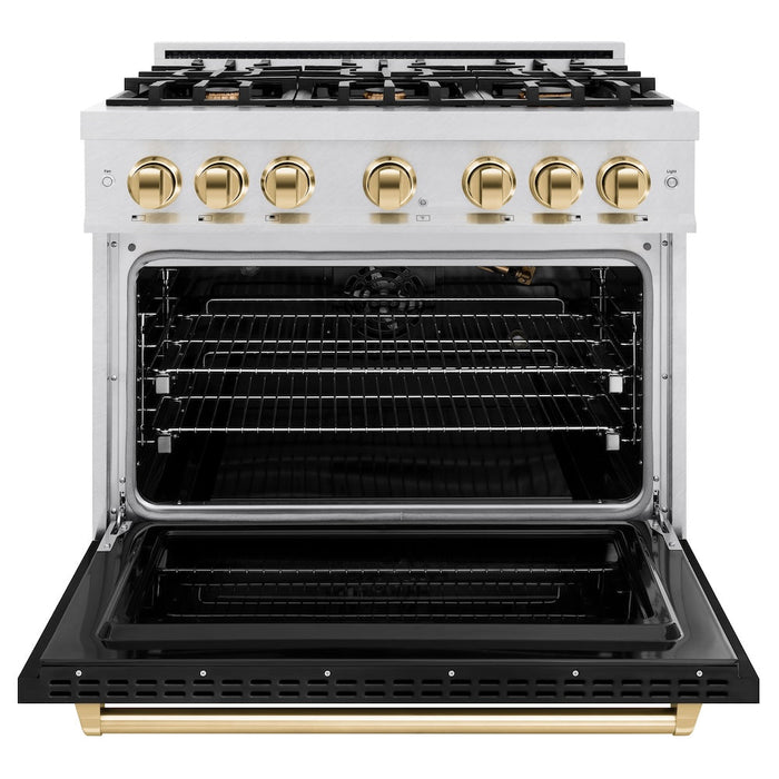 ZLINE Autograph Edition 36 in. 5.2 cu. ft. Classic Gas Range with 6 Burner Cooktop and Convection Gas Oven in Satin Stainless Steel with Black Matte Door and Polished Gold Accents (CGRSZ-BLM-36-G)
