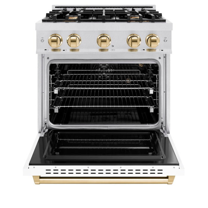 ZLINE Autograph Edition 30 in. 4.2 cu. ft. Classic Gas Range with 4 Burner Cooktop and Convection Gas Oven in Satin Stainless Steel with White Matte Door and Polished Gold Accents (CGRSZ-WM-30-G)