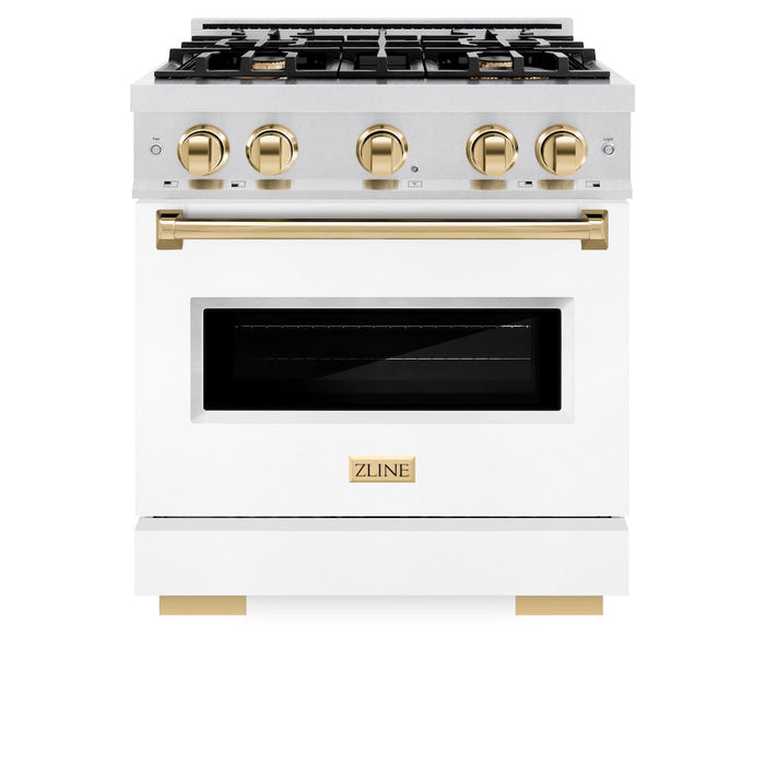 ZLINE Autograph Edition 30 in. 4.2 cu. ft. Classic Gas Range with 4 Burner Cooktop and Convection Gas Oven in Satin Stainless Steel with White Matte Door and Polished Gold Accents (CGRSZ-WM-30-G)