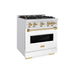 ZLINE Autograph Edition 30 in. 4.2 cu. ft. Classic Gas Range with 4 Burner Cooktop and Convection Gas Oven in Satin Stainless Steel with White Matte Door and Polished Gold Accents (CGRSZ-WM-30-G)