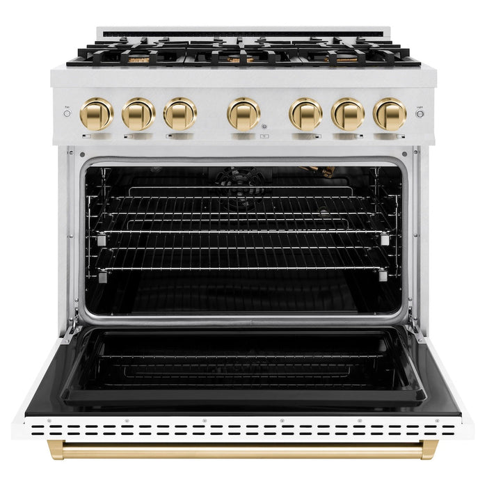 ZLINE Autograph Edition 36 in. 5.2 cu. ft. Classic Gas Range with 6 Burner Cooktop and Convection Gas Oven in Satin Stainless Steel with White Matte Door and Polished Gold Accents (CGRSZ-WM-36-G)