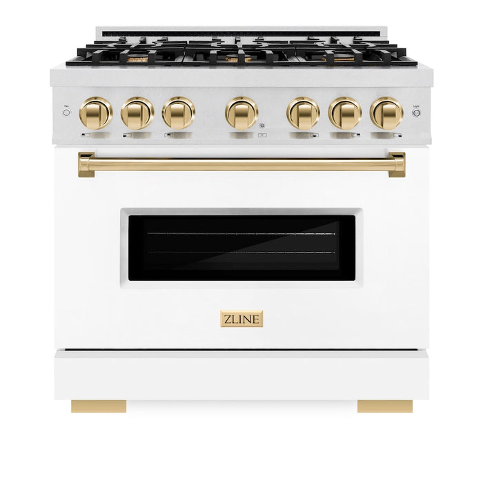 ZLINE Autograph Edition 36 in. 5.2 cu. ft. Classic Gas Range with 6 Burner Cooktop and Convection Gas Oven in Satin Stainless Steel with White Matte Door and Polished Gold Accents (CGRSZ-WM-36-G)