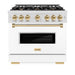 ZLINE Autograph Edition 36 in. 5.2 cu. ft. Classic Gas Range with 6 Burner Cooktop and Convection Gas Oven in Satin Stainless Steel with White Matte Door and Polished Gold Accents (CGRSZ-WM-36-G)