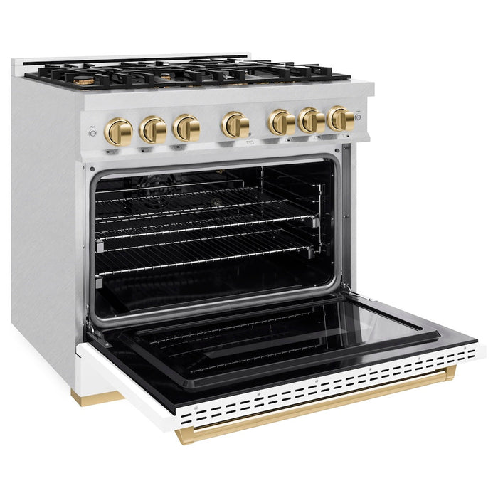 ZLINE Autograph Edition 36 in. 5.2 cu. ft. Classic Gas Range with 6 Burner Cooktop and Convection Gas Oven in Satin Stainless Steel with White Matte Door and Polished Gold Accents (CGRSZ-WM-36-G)