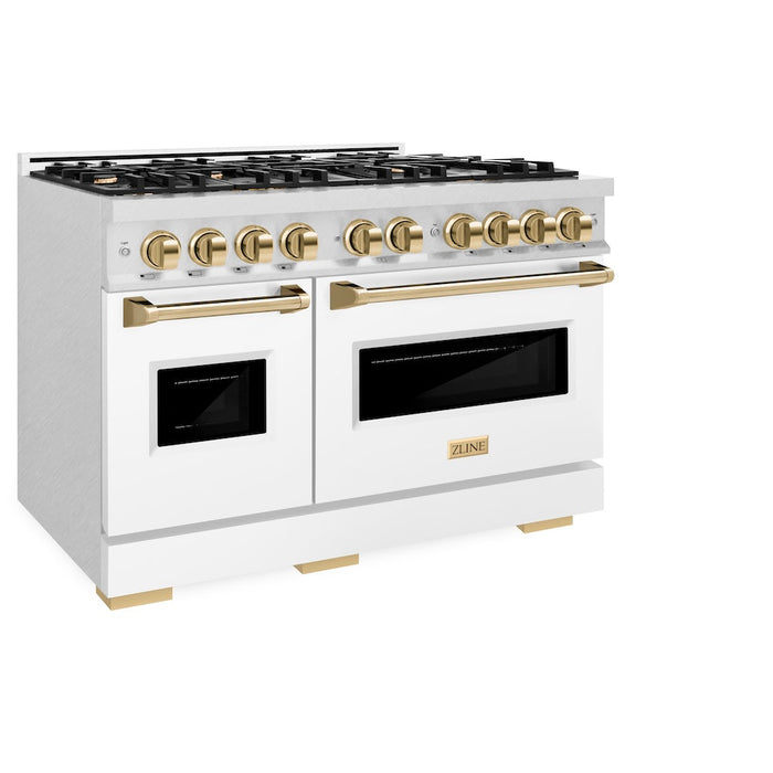 ZLINE Autograph Edition 48 in. 6.7 cu. ft. Classic Double Oven Gas Range with 8 Burner Cooktop in Satin Stainless Steel with White Matte Doors and Polished Gold Accents (CGRSZ-WM-48-G)