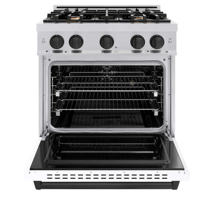 ZLINE Autograph Edition 30 in. 4.2 cu. ft. Classic Dual Fuel Range with 4 Burner Gas Cooktop and Electric Convection Oven in Stainless Steel with White Matte Door and Matte Black Accents (CDRZ-WM-30-MB)