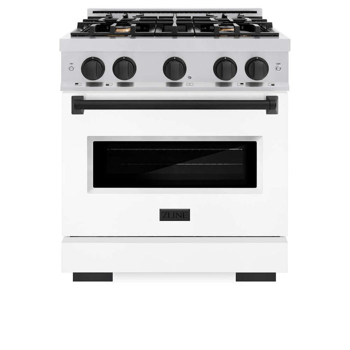 ZLINE Autograph Edition 30 in. 4.2 cu. ft. Classic Dual Fuel Range with 4 Burner Gas Cooktop and Electric Convection Oven in Stainless Steel with White Matte Door and Matte Black Accents (CDRZ-WM-30-MB)